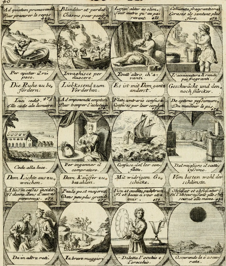 An illustration from M. Laurentii Wolfgangi Woyttens Emblematischer Parnassus : worauf die Musen, ihre Blumen-Lese, zu allerhand Freuden und Trauer-Kräntzen halten : um, den Lob-werthen Tugend-Chor, durch angenehme Rosen : hergegen, das ungezähmte Laster-Thun, mit wildem Dorn- und Distel-Flor, zu krönen : nach specialem Verlangen, in einem Gefilde, von funffzehen Hundert in dreyen verschiedlichen Theilen verfassten .., 1727, leaf 174