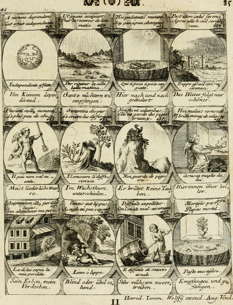 An illustration from M. Laurentii Wolfgangi Woyttens Emblematischer Parnassus : worauf die Musen, ihre Blumen-Lese, zu allerhand Freuden und Trauer-Kräntzen halten : um, den Lob-werthen Tugend-Chor, durch angenehme Rosen : hergegen, das ungezähmte Laster-Thun, mit wildem Dorn- und Distel-Flor, zu krönen : nach specialem Verlangen, in einem Gefilde, von funffzehen Hundert in dreyen verschiedlichen Theilen verfassten .., 1727, leaf 176