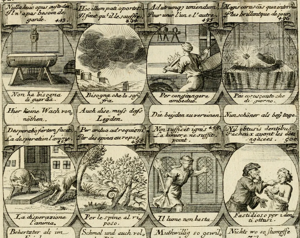 An illustration from M. Laurentii Wolfgangi Woyttens Emblematischer Parnassus : worauf die Musen, ihre Blumen-Lese, zu allerhand Freuden und Trauer-Kräntzen halten : um, den Lob-werthen Tugend-Chor, durch angenehme Rosen : hergegen, das ungezähmte Laster-Thun, mit wildem Dorn- und Distel-Flor, zu krönen : nach specialem Verlangen, in einem Gefilde, von funffzehen Hundert in dreyen verschiedlichen Theilen verfassten .., 1727, leaf 178