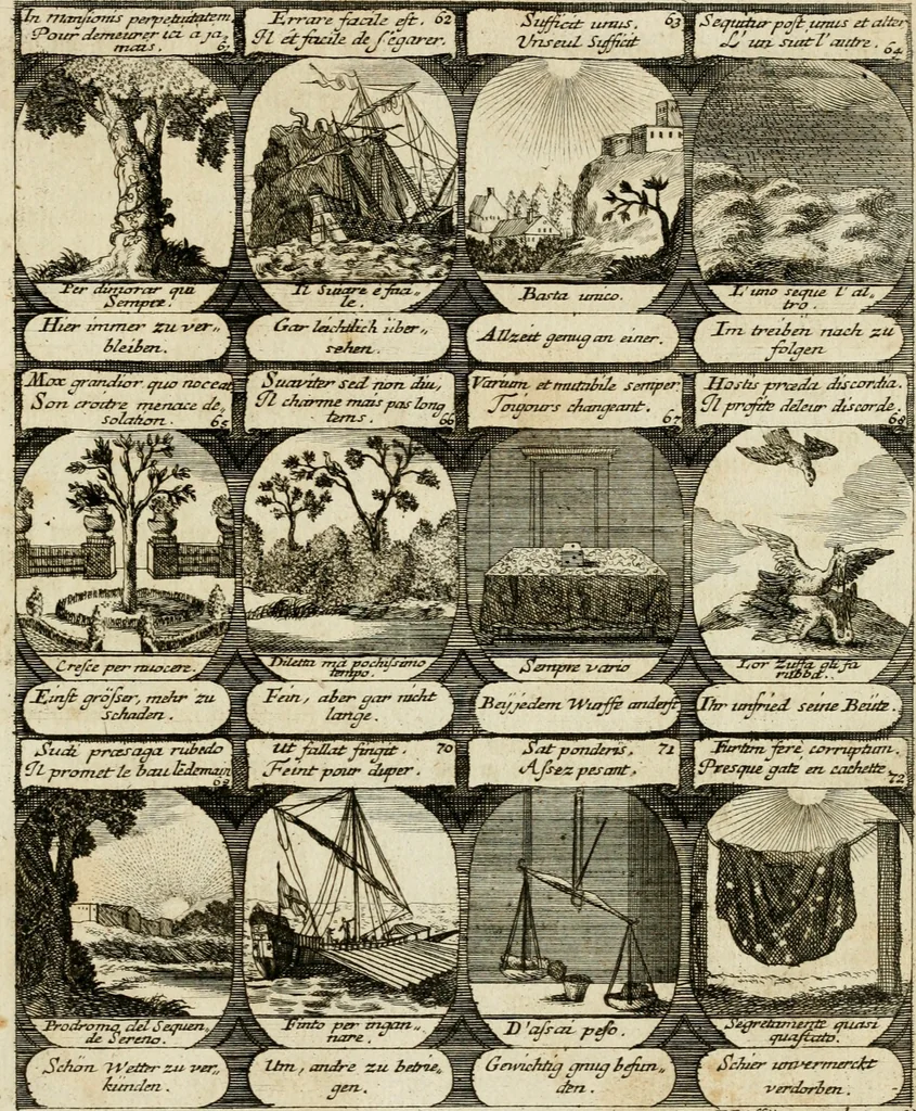 An illustration from M. Laurentii Wolfgangi Woyttens Emblematischer Parnassus : worauf die Musen, ihre Blumen-Lese, zu allerhand Freuden und Trauer-Kräntzen halten : um, den Lob-werthen Tugend-Chor, durch angenehme Rosen : hergegen, das ungezähmte Laster-Thun, mit wildem Dorn- und Distel-Flor, zu krönen : nach specialem Verlangen, in einem Gefilde, von funffzehen Hundert in dreyen verschiedlichen Theilen verfassten .., 1727, leaf 18