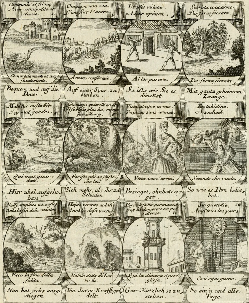 An illustration from M. Laurentii Wolfgangi Woyttens Emblematischer Parnassus : worauf die Musen, ihre Blumen-Lese, zu allerhand Freuden und Trauer-Kräntzen halten : um, den Lob-werthen Tugend-Chor, durch angenehme Rosen : hergegen, das ungezähmte Laster-Thun, mit wildem Dorn- und Distel-Flor, zu krönen : nach specialem Verlangen, in einem Gefilde, von funffzehen Hundert in dreyen verschiedlichen Theilen verfassten .., 1727, leaf 184
