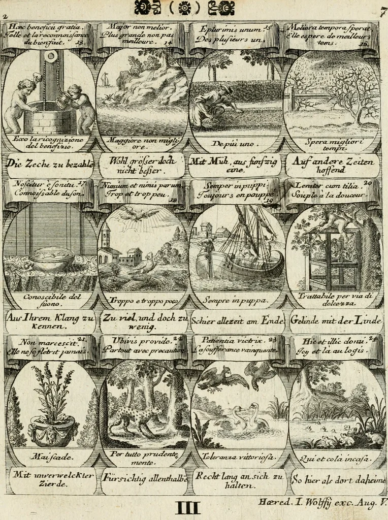 An illustration from M. Laurentii Wolfgangi Woyttens Emblematischer Parnassus : worauf die Musen, ihre Blumen-Lese, zu allerhand Freuden und Trauer-Kräntzen halten : um, den Lob-werthen Tugend-Chor, durch angenehme Rosen : hergegen, das ungezähmte Laster-Thun, mit wildem Dorn- und Distel-Flor, zu krönen : nach specialem Verlangen, in einem Gefilde, von funffzehen Hundert in dreyen verschiedlichen Theilen verfassten .., 1727, leaf 186