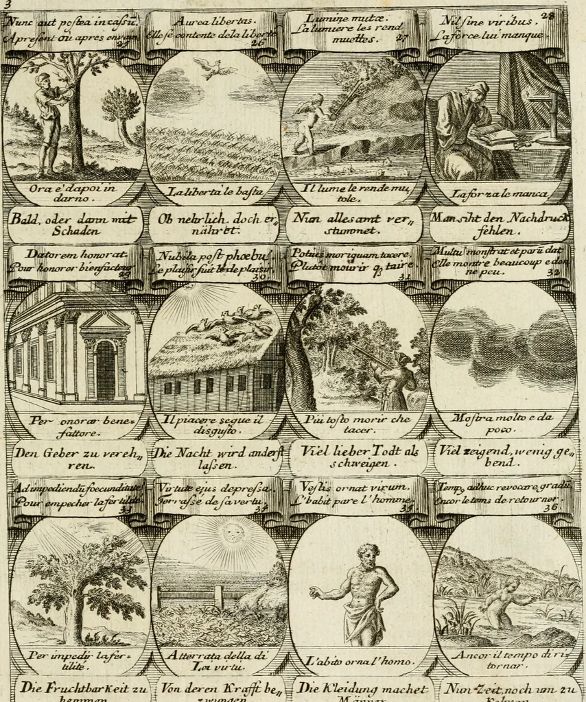 An illustration from M. Laurentii Wolfgangi Woyttens Emblematischer Parnassus : worauf die Musen, ihre Blumen-Lese, zu allerhand Freuden und Trauer-Kräntzen halten : um, den Lob-werthen Tugend-Chor, durch angenehme Rosen : hergegen, das ungezähmte Laster-Thun, mit wildem Dorn- und Distel-Flor, zu krönen : nach specialem Verlangen, in einem Gefilde, von funffzehen Hundert in dreyen verschiedlichen Theilen verfassten .., 1727, leaf 188