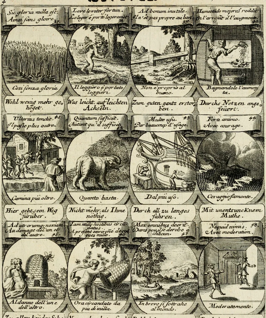 An illustration from M. Laurentii Wolfgangi Woyttens Emblematischer Parnassus : worauf die Musen, ihre Blumen-Lese, zu allerhand Freuden und Trauer-Kräntzen halten : um, den Lob-werthen Tugend-Chor, durch angenehme Rosen : hergegen, das ungezähmte Laster-Thun, mit wildem Dorn- und Distel-Flor, zu krönen : nach specialem Verlangen, in einem Gefilde, von funffzehen Hundert in dreyen verschiedlichen Theilen verfassten .., 1727, leaf 190