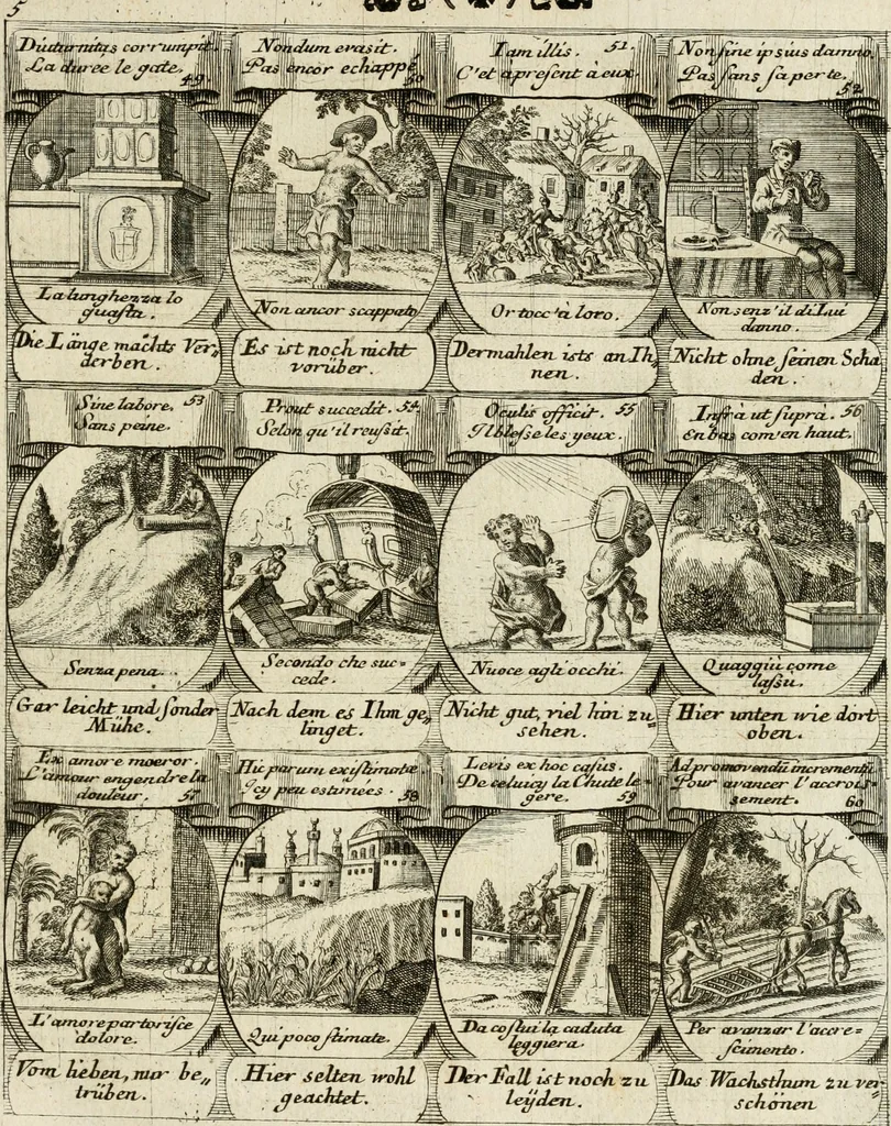 An illustration from M. Laurentii Wolfgangi Woyttens Emblematischer Parnassus : worauf die Musen, ihre Blumen-Lese, zu allerhand Freuden und Trauer-Kräntzen halten : um, den Lob-werthen Tugend-Chor, durch angenehme Rosen : hergegen, das ungezähmte Laster-Thun, mit wildem Dorn- und Distel-Flor, zu krönen : nach specialem Verlangen, in einem Gefilde, von funffzehen Hundert in dreyen verschiedlichen Theilen verfassten .., 1727, leaf 192