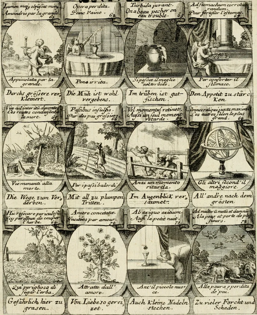 An illustration from M. Laurentii Wolfgangi Woyttens Emblematischer Parnassus : worauf die Musen, ihre Blumen-Lese, zu allerhand Freuden und Trauer-Kräntzen halten : um, den Lob-werthen Tugend-Chor, durch angenehme Rosen : hergegen, das ungezähmte Laster-Thun, mit wildem Dorn- und Distel-Flor, zu krönen : nach specialem Verlangen, in einem Gefilde, von funffzehen Hundert in dreyen verschiedlichen Theilen verfassten .., 1727, leaf 194