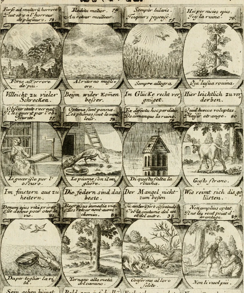 An illustration from M. Laurentii Wolfgangi Woyttens Emblematischer Parnassus : worauf die Musen, ihre Blumen-Lese, zu allerhand Freuden und Trauer-Kräntzen halten : um, den Lob-werthen Tugend-Chor, durch angenehme Rosen : hergegen, das ungezähmte Laster-Thun, mit wildem Dorn- und Distel-Flor, zu krönen : nach specialem Verlangen, in einem Gefilde, von funffzehen Hundert in dreyen verschiedlichen Theilen verfassten .., 1727, leaf 196