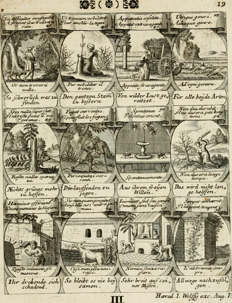 An illustration from M. Laurentii Wolfgangi Woyttens Emblematischer Parnassus : worauf die Musen, ihre Blumen-Lese, zu allerhand Freuden und Trauer-Kräntzen halten : um, den Lob-werthen Tugend-Chor, durch angenehme Rosen : hergegen, das ungezähmte Laster-Thun, mit wildem Dorn- und Distel-Flor, zu krönen : nach specialem Verlangen, in einem Gefilde, von funffzehen Hundert in dreyen verschiedlichen Theilen verfassten .., 1727, leaf 198