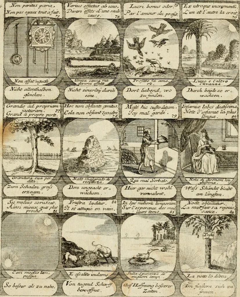 An illustration from M. Laurentii Wolfgangi Woyttens Emblematischer Parnassus : worauf die Musen, ihre Blumen-Lese, zu allerhand Freuden und Trauer-Kräntzen halten : um, den Lob-werthen Tugend-Chor, durch angenehme Rosen : hergegen, das ungezähmte Laster-Thun, mit wildem Dorn- und Distel-Flor, zu krönen : nach specialem Verlangen, in einem Gefilde, von funffzehen Hundert in dreyen verschiedlichen Theilen verfassten .., 1727, leaf 20