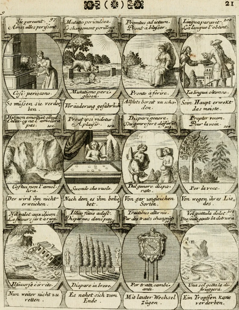 An illustration from M. Laurentii Wolfgangi Woyttens Emblematischer Parnassus : worauf die Musen, ihre Blumen-Lese, zu allerhand Freuden und Trauer-Kräntzen halten : um, den Lob-werthen Tugend-Chor, durch angenehme Rosen : hergegen, das ungezähmte Laster-Thun, mit wildem Dorn- und Distel-Flor, zu krönen : nach specialem Verlangen, in einem Gefilde, von funffzehen Hundert in dreyen verschiedlichen Theilen verfassten .., 1727, leaf 200