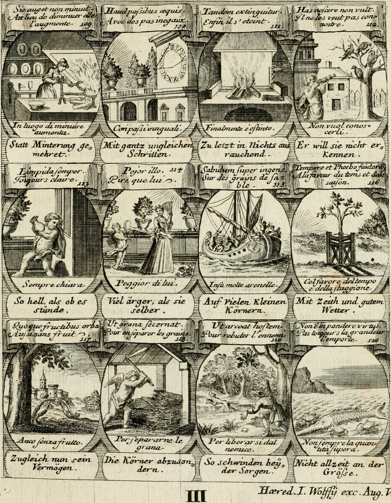 An illustration from M. Laurentii Wolfgangi Woyttens Emblematischer Parnassus : worauf die Musen, ihre Blumen-Lese, zu allerhand Freuden und Trauer-Kräntzen halten : um, den Lob-werthen Tugend-Chor, durch angenehme Rosen : hergegen, das ungezähmte Laster-Thun, mit wildem Dorn- und Distel-Flor, zu krönen : nach specialem Verlangen, in einem Gefilde, von funffzehen Hundert in dreyen verschiedlichen Theilen verfassten .., 1727, leaf 202