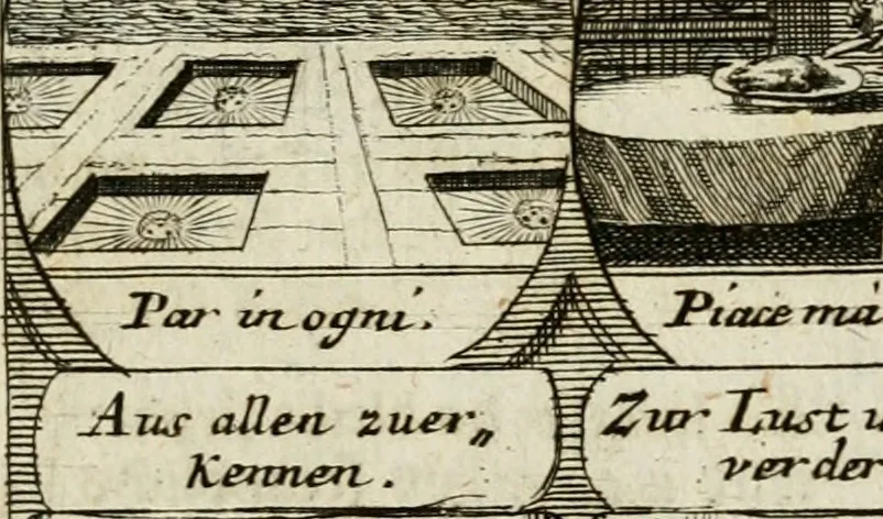 An illustration from M. Laurentii Wolfgangi Woyttens Emblematischer Parnassus : worauf die Musen, ihre Blumen-Lese, zu allerhand Freuden und Trauer-Kräntzen halten : um, den Lob-werthen Tugend-Chor, durch angenehme Rosen : hergegen, das ungezähmte Laster-Thun, mit wildem Dorn- und Distel-Flor, zu krönen : nach specialem Verlangen, in einem Gefilde, von funffzehen Hundert in dreyen verschiedlichen Theilen verfassten .., 1727, leaf 204