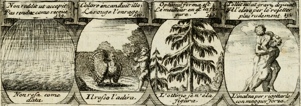 An illustration from M. Laurentii Wolfgangi Woyttens Emblematischer Parnassus : worauf die Musen, ihre Blumen-Lese, zu allerhand Freuden und Trauer-Kräntzen halten : um, den Lob-werthen Tugend-Chor, durch angenehme Rosen : hergegen, das ungezähmte Laster-Thun, mit wildem Dorn- und Distel-Flor, zu krönen : nach specialem Verlangen, in einem Gefilde, von funffzehen Hundert in dreyen verschiedlichen Theilen verfassten .., 1727, leaf 204