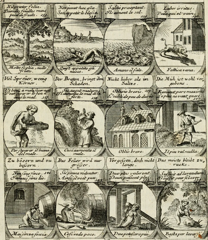An illustration from M. Laurentii Wolfgangi Woyttens Emblematischer Parnassus : worauf die Musen, ihre Blumen-Lese, zu allerhand Freuden und Trauer-Kräntzen halten : um, den Lob-werthen Tugend-Chor, durch angenehme Rosen : hergegen, das ungezähmte Laster-Thun, mit wildem Dorn- und Distel-Flor, zu krönen : nach specialem Verlangen, in einem Gefilde, von funffzehen Hundert in dreyen verschiedlichen Theilen verfassten .., 1727, leaf 206