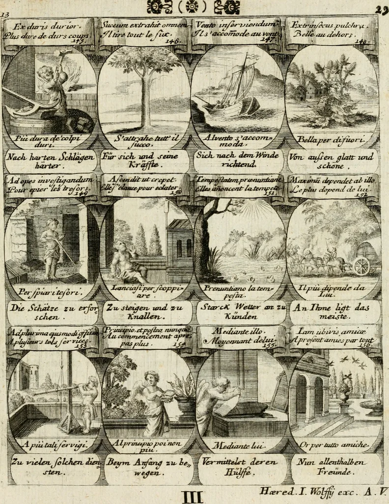 An illustration from M. Laurentii Wolfgangi Woyttens Emblematischer Parnassus : worauf die Musen, ihre Blumen-Lese, zu allerhand Freuden und Trauer-Kräntzen halten : um, den Lob-werthen Tugend-Chor, durch angenehme Rosen : hergegen, das ungezähmte Laster-Thun, mit wildem Dorn- und Distel-Flor, zu krönen : nach specialem Verlangen, in einem Gefilde, von funffzehen Hundert in dreyen verschiedlichen Theilen verfassten .., 1727, leaf 208
