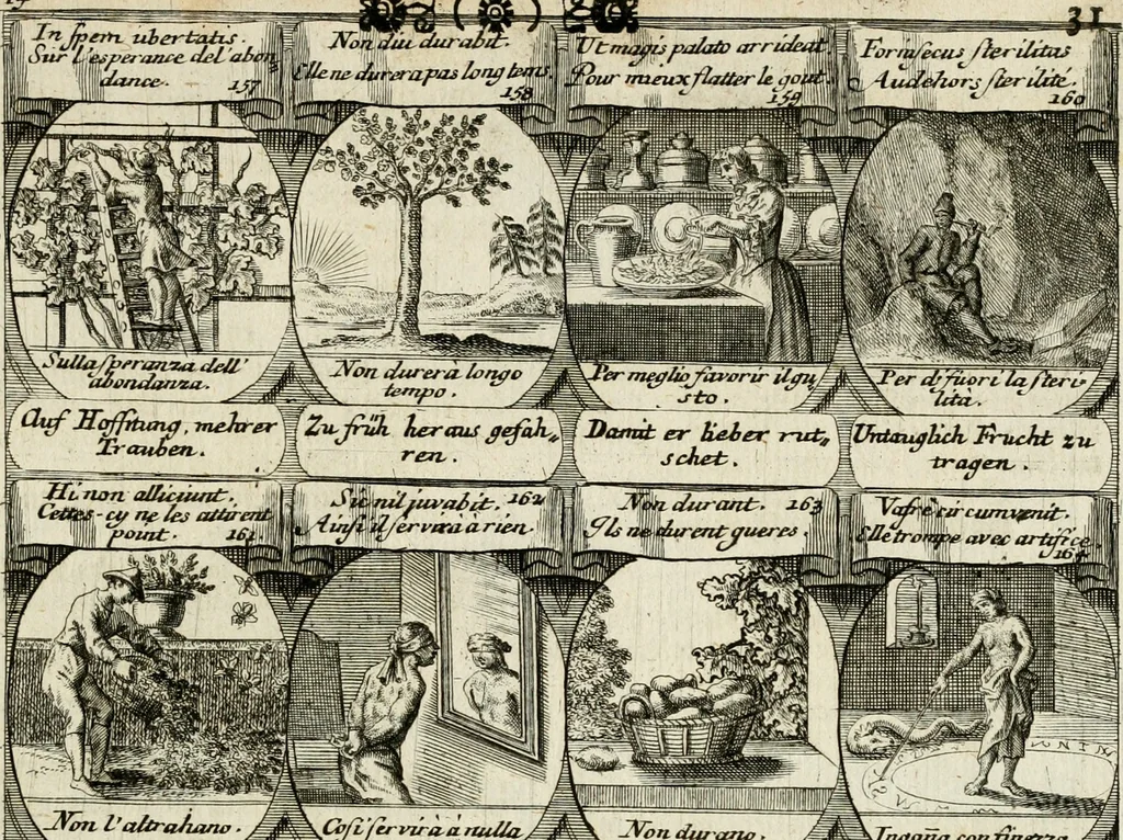An illustration from M. Laurentii Wolfgangi Woyttens Emblematischer Parnassus : worauf die Musen, ihre Blumen-Lese, zu allerhand Freuden und Trauer-Kräntzen halten : um, den Lob-werthen Tugend-Chor, durch angenehme Rosen : hergegen, das ungezähmte Laster-Thun, mit wildem Dorn- und Distel-Flor, zu krönen : nach specialem Verlangen, in einem Gefilde, von funffzehen Hundert in dreyen verschiedlichen Theilen verfassten .., 1727, leaf 210