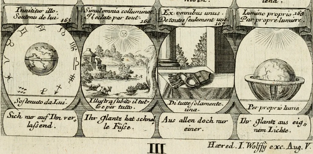 An illustration from M. Laurentii Wolfgangi Woyttens Emblematischer Parnassus : worauf die Musen, ihre Blumen-Lese, zu allerhand Freuden und Trauer-Kräntzen halten : um, den Lob-werthen Tugend-Chor, durch angenehme Rosen : hergegen, das ungezähmte Laster-Thun, mit wildem Dorn- und Distel-Flor, zu krönen : nach specialem Verlangen, in einem Gefilde, von funffzehen Hundert in dreyen verschiedlichen Theilen verfassten .., 1727, leaf 210