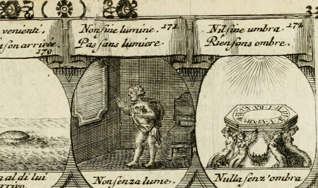 An illustration from M. Laurentii Wolfgangi Woyttens Emblematischer Parnassus : worauf die Musen, ihre Blumen-Lese, zu allerhand Freuden und Trauer-Kräntzen halten : um, den Lob-werthen Tugend-Chor, durch angenehme Rosen : hergegen, das ungezähmte Laster-Thun, mit wildem Dorn- und Distel-Flor, zu krönen : nach specialem Verlangen, in einem Gefilde, von funffzehen Hundert in dreyen verschiedlichen Theilen verfassten .., 1727, leaf 212