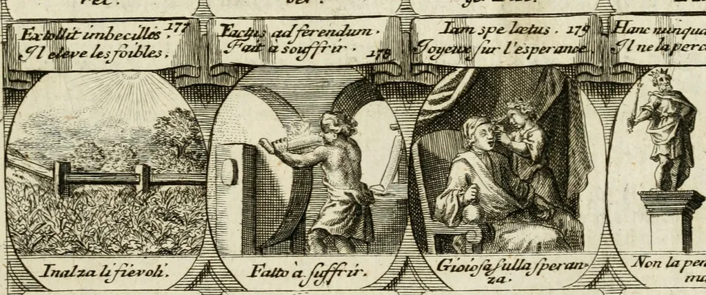 An illustration from M. Laurentii Wolfgangi Woyttens Emblematischer Parnassus : worauf die Musen, ihre Blumen-Lese, zu allerhand Freuden und Trauer-Kräntzen halten : um, den Lob-werthen Tugend-Chor, durch angenehme Rosen : hergegen, das ungezähmte Laster-Thun, mit wildem Dorn- und Distel-Flor, zu krönen : nach specialem Verlangen, in einem Gefilde, von funffzehen Hundert in dreyen verschiedlichen Theilen verfassten .., 1727, leaf 212