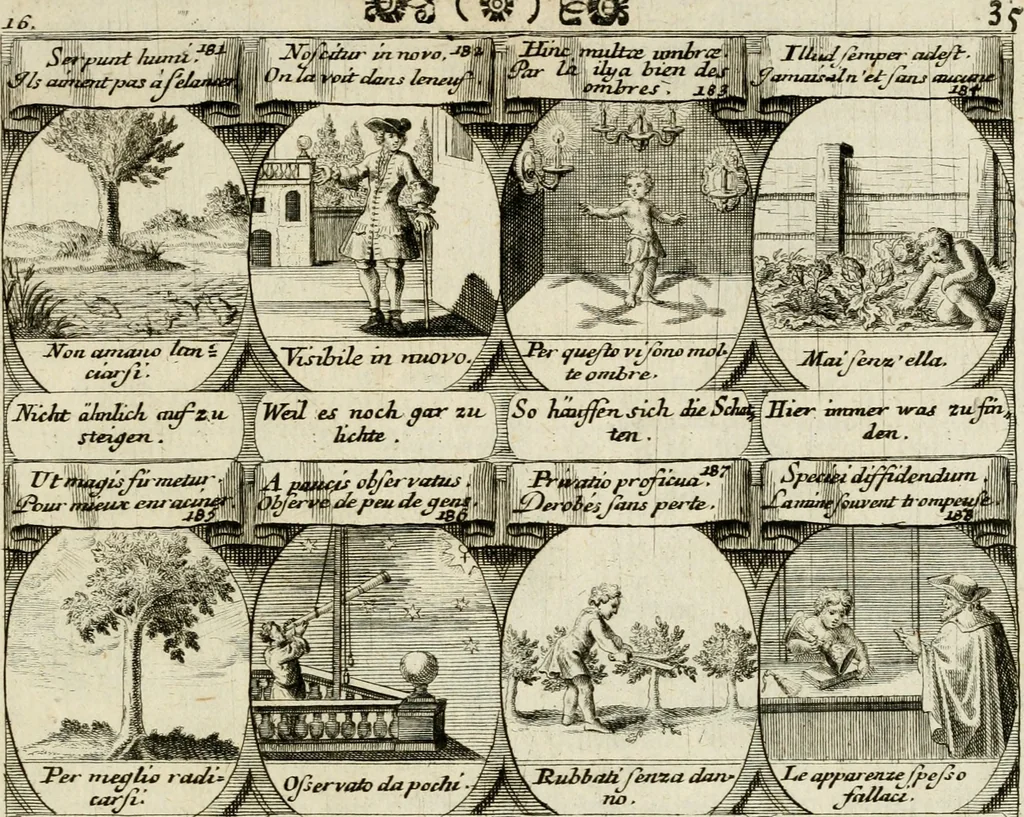 An illustration from M. Laurentii Wolfgangi Woyttens Emblematischer Parnassus : worauf die Musen, ihre Blumen-Lese, zu allerhand Freuden und Trauer-Kräntzen halten : um, den Lob-werthen Tugend-Chor, durch angenehme Rosen : hergegen, das ungezähmte Laster-Thun, mit wildem Dorn- und Distel-Flor, zu krönen : nach specialem Verlangen, in einem Gefilde, von funffzehen Hundert in dreyen verschiedlichen Theilen verfassten .., 1727, leaf 214