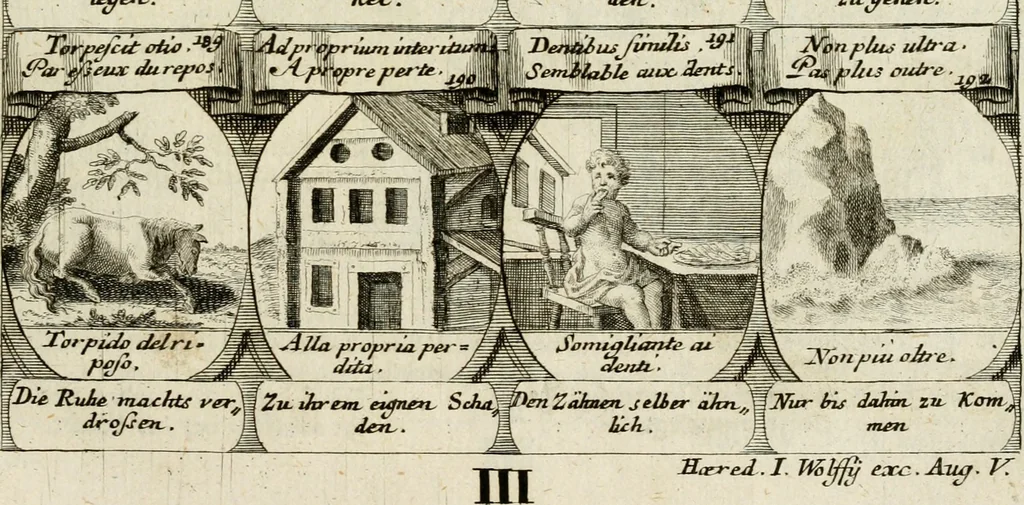 An illustration from M. Laurentii Wolfgangi Woyttens Emblematischer Parnassus : worauf die Musen, ihre Blumen-Lese, zu allerhand Freuden und Trauer-Kräntzen halten : um, den Lob-werthen Tugend-Chor, durch angenehme Rosen : hergegen, das ungezähmte Laster-Thun, mit wildem Dorn- und Distel-Flor, zu krönen : nach specialem Verlangen, in einem Gefilde, von funffzehen Hundert in dreyen verschiedlichen Theilen verfassten .., 1727, leaf 214