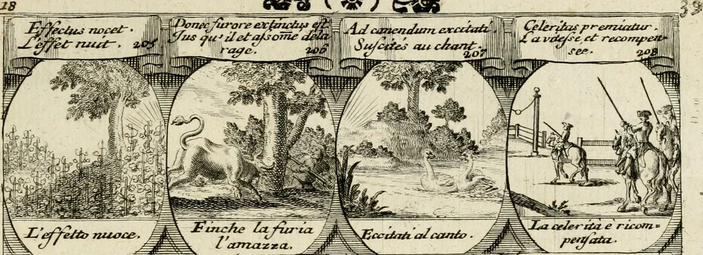 An illustration from M. Laurentii Wolfgangi Woyttens Emblematischer Parnassus : worauf die Musen, ihre Blumen-Lese, zu allerhand Freuden und Trauer-Kräntzen halten : um, den Lob-werthen Tugend-Chor, durch angenehme Rosen : hergegen, das ungezähmte Laster-Thun, mit wildem Dorn- und Distel-Flor, zu krönen : nach specialem Verlangen, in einem Gefilde, von funffzehen Hundert in dreyen verschiedlichen Theilen verfassten .., 1727, leaf 218