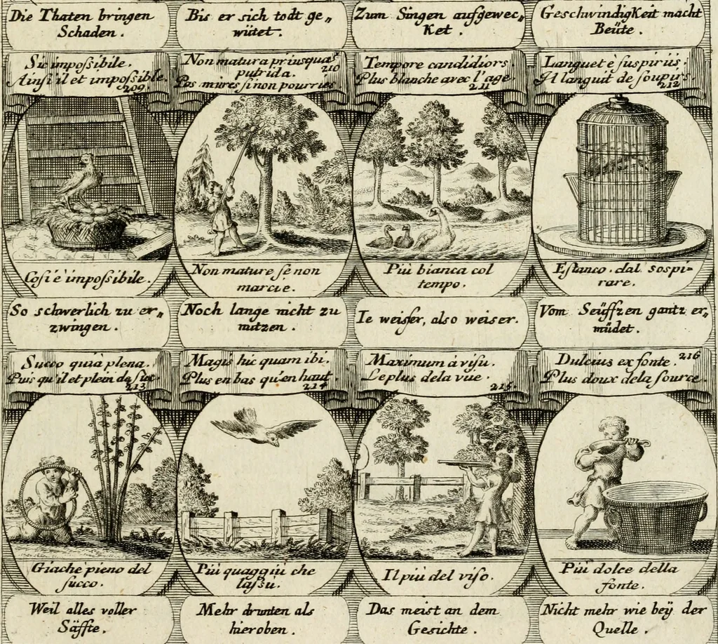 An illustration from M. Laurentii Wolfgangi Woyttens Emblematischer Parnassus : worauf die Musen, ihre Blumen-Lese, zu allerhand Freuden und Trauer-Kräntzen halten : um, den Lob-werthen Tugend-Chor, durch angenehme Rosen : hergegen, das ungezähmte Laster-Thun, mit wildem Dorn- und Distel-Flor, zu krönen : nach specialem Verlangen, in einem Gefilde, von funffzehen Hundert in dreyen verschiedlichen Theilen verfassten .., 1727, leaf 218