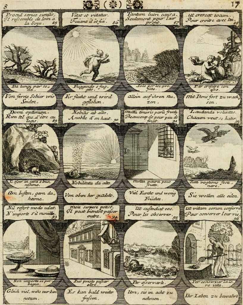 An illustration from M. Laurentii Wolfgangi Woyttens Emblematischer Parnassus : worauf die Musen, ihre Blumen-Lese, zu allerhand Freuden und Trauer-Kräntzen halten : um, den Lob-werthen Tugend-Chor, durch angenehme Rosen : hergegen, das ungezähmte Laster-Thun, mit wildem Dorn- und Distel-Flor, zu krönen : nach specialem Verlangen, in einem Gefilde, von funffzehen Hundert in dreyen verschiedlichen Theilen verfassten .., 1727, leaf 22