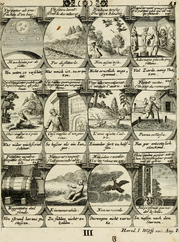 An illustration from M. Laurentii Wolfgangi Woyttens Emblematischer Parnassus : worauf die Musen, ihre Blumen-Lese, zu allerhand Freuden und Trauer-Kräntzen halten : um, den Lob-werthen Tugend-Chor, durch angenehme Rosen : hergegen, das ungezähmte Laster-Thun, mit wildem Dorn- und Distel-Flor, zu krönen : nach specialem Verlangen, in einem Gefilde, von funffzehen Hundert in dreyen verschiedlichen Theilen verfassten .., 1727, leaf 220
