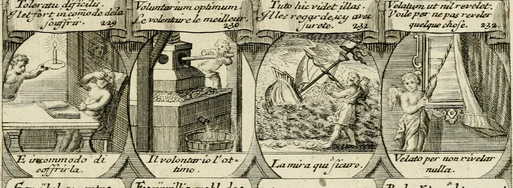 An illustration from M. Laurentii Wolfgangi Woyttens Emblematischer Parnassus : worauf die Musen, ihre Blumen-Lese, zu allerhand Freuden und Trauer-Kräntzen halten : um, den Lob-werthen Tugend-Chor, durch angenehme Rosen : hergegen, das ungezähmte Laster-Thun, mit wildem Dorn- und Distel-Flor, zu krönen : nach specialem Verlangen, in einem Gefilde, von funffzehen Hundert in dreyen verschiedlichen Theilen verfassten .., 1727, leaf 222