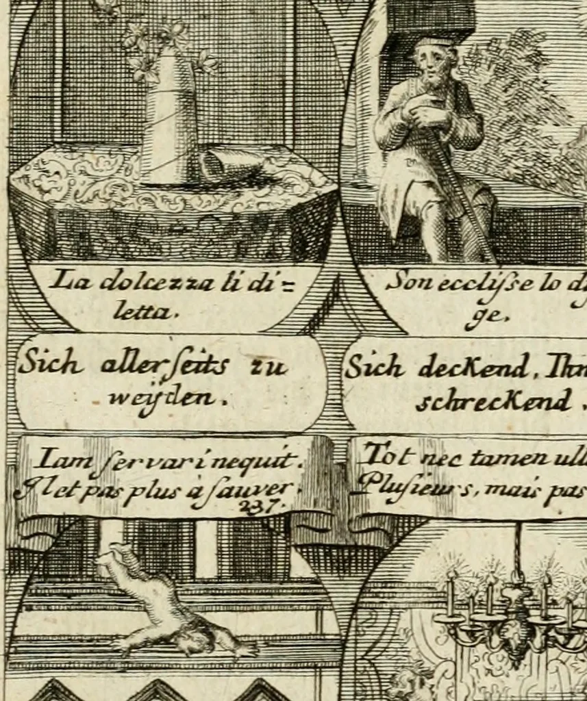 An illustration from M. Laurentii Wolfgangi Woyttens Emblematischer Parnassus : worauf die Musen, ihre Blumen-Lese, zu allerhand Freuden und Trauer-Kräntzen halten : um, den Lob-werthen Tugend-Chor, durch angenehme Rosen : hergegen, das ungezähmte Laster-Thun, mit wildem Dorn- und Distel-Flor, zu krönen : nach specialem Verlangen, in einem Gefilde, von funffzehen Hundert in dreyen verschiedlichen Theilen verfassten .., 1727, leaf 222