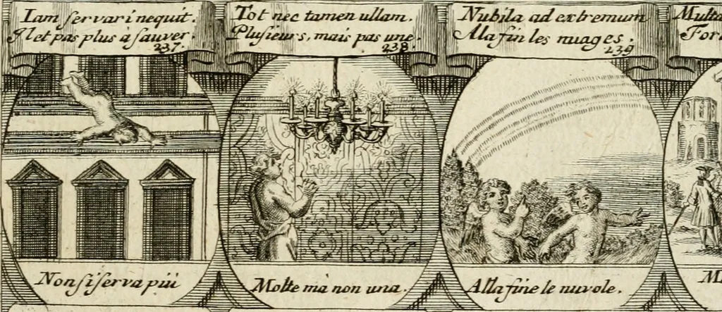 An illustration from M. Laurentii Wolfgangi Woyttens Emblematischer Parnassus : worauf die Musen, ihre Blumen-Lese, zu allerhand Freuden und Trauer-Kräntzen halten : um, den Lob-werthen Tugend-Chor, durch angenehme Rosen : hergegen, das ungezähmte Laster-Thun, mit wildem Dorn- und Distel-Flor, zu krönen : nach specialem Verlangen, in einem Gefilde, von funffzehen Hundert in dreyen verschiedlichen Theilen verfassten .., 1727, leaf 222