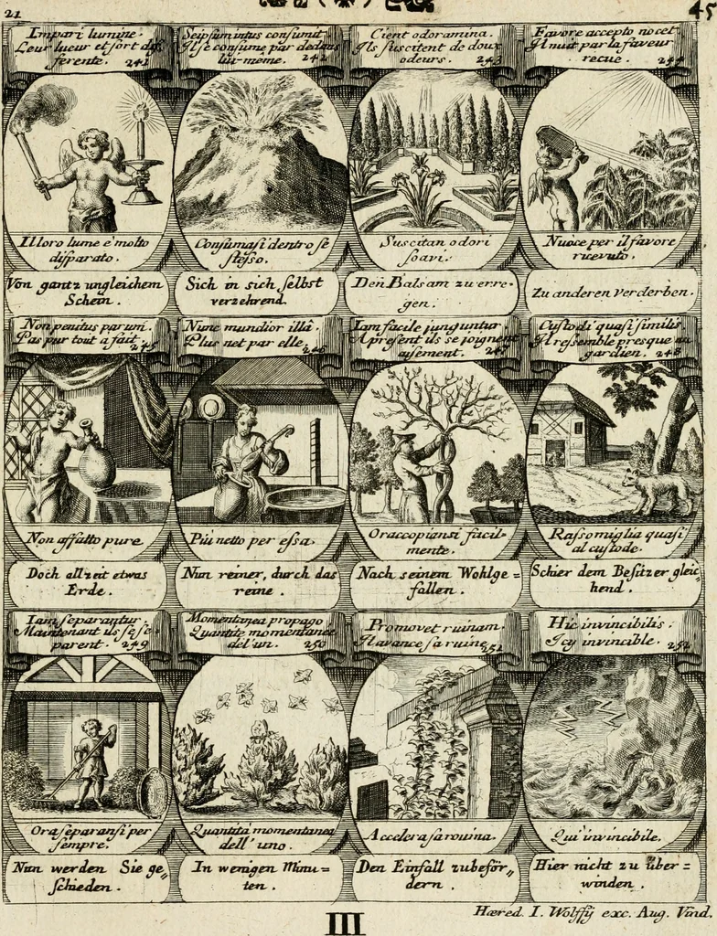 An illustration from M. Laurentii Wolfgangi Woyttens Emblematischer Parnassus : worauf die Musen, ihre Blumen-Lese, zu allerhand Freuden und Trauer-Kräntzen halten : um, den Lob-werthen Tugend-Chor, durch angenehme Rosen : hergegen, das ungezähmte Laster-Thun, mit wildem Dorn- und Distel-Flor, zu krönen : nach specialem Verlangen, in einem Gefilde, von funffzehen Hundert in dreyen verschiedlichen Theilen verfassten .., 1727, leaf 224