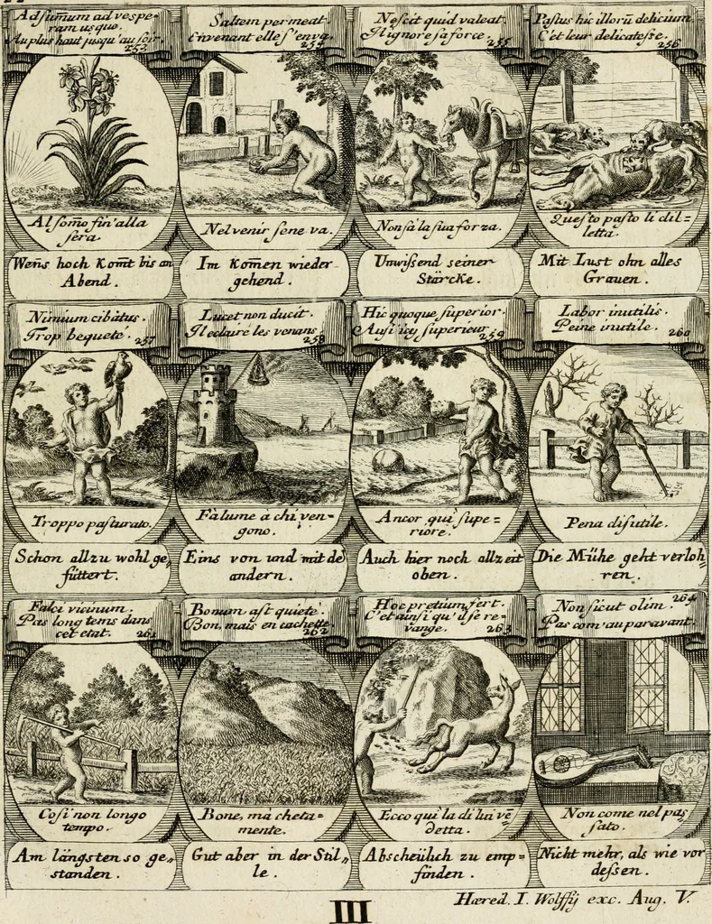 An illustration from M. Laurentii Wolfgangi Woyttens Emblematischer Parnassus : worauf die Musen, ihre Blumen-Lese, zu allerhand Freuden und Trauer-Kräntzen halten : um, den Lob-werthen Tugend-Chor, durch angenehme Rosen : hergegen, das ungezähmte Laster-Thun, mit wildem Dorn- und Distel-Flor, zu krönen : nach specialem Verlangen, in einem Gefilde, von funffzehen Hundert in dreyen verschiedlichen Theilen verfassten .., 1727, leaf 226