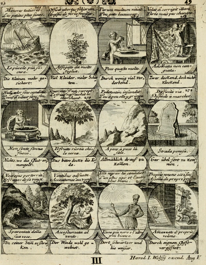 An illustration from M. Laurentii Wolfgangi Woyttens Emblematischer Parnassus : worauf die Musen, ihre Blumen-Lese, zu allerhand Freuden und Trauer-Kräntzen halten : um, den Lob-werthen Tugend-Chor, durch angenehme Rosen : hergegen, das ungezähmte Laster-Thun, mit wildem Dorn- und Distel-Flor, zu krönen : nach specialem Verlangen, in einem Gefilde, von funffzehen Hundert in dreyen verschiedlichen Theilen verfassten .., 1727, leaf 228