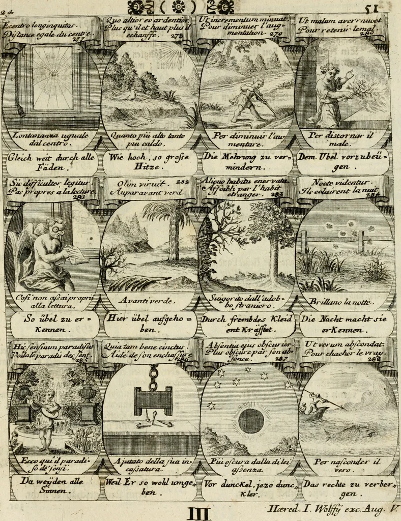 An illustration from M. Laurentii Wolfgangi Woyttens Emblematischer Parnassus : worauf die Musen, ihre Blumen-Lese, zu allerhand Freuden und Trauer-Kräntzen halten : um, den Lob-werthen Tugend-Chor, durch angenehme Rosen : hergegen, das ungezähmte Laster-Thun, mit wildem Dorn- und Distel-Flor, zu krönen : nach specialem Verlangen, in einem Gefilde, von funffzehen Hundert in dreyen verschiedlichen Theilen verfassten .., 1727, leaf 230