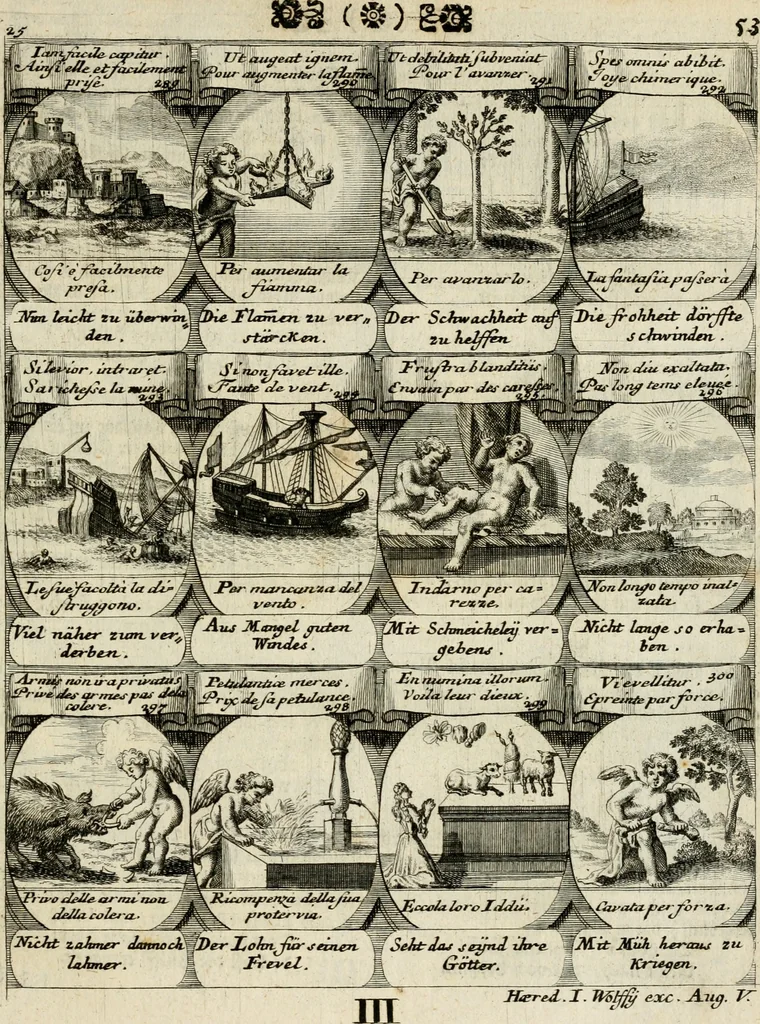An illustration from M. Laurentii Wolfgangi Woyttens Emblematischer Parnassus : worauf die Musen, ihre Blumen-Lese, zu allerhand Freuden und Trauer-Kräntzen halten : um, den Lob-werthen Tugend-Chor, durch angenehme Rosen : hergegen, das ungezähmte Laster-Thun, mit wildem Dorn- und Distel-Flor, zu krönen : nach specialem Verlangen, in einem Gefilde, von funffzehen Hundert in dreyen verschiedlichen Theilen verfassten .., 1727, leaf 232