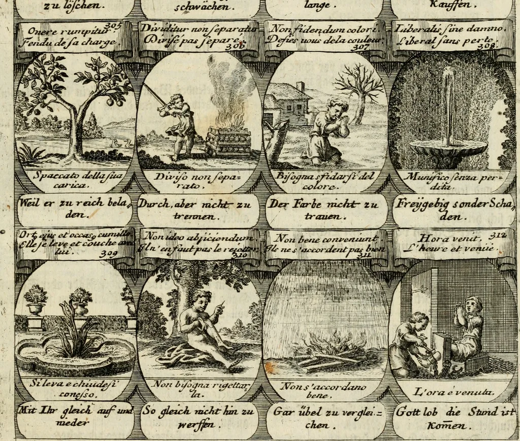 An illustration from M. Laurentii Wolfgangi Woyttens Emblematischer Parnassus : worauf die Musen, ihre Blumen-Lese, zu allerhand Freuden und Trauer-Kräntzen halten : um, den Lob-werthen Tugend-Chor, durch angenehme Rosen : hergegen, das ungezähmte Laster-Thun, mit wildem Dorn- und Distel-Flor, zu krönen : nach specialem Verlangen, in einem Gefilde, von funffzehen Hundert in dreyen verschiedlichen Theilen verfassten .., 1727, leaf 234