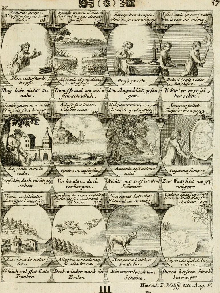 An illustration from M. Laurentii Wolfgangi Woyttens Emblematischer Parnassus : worauf die Musen, ihre Blumen-Lese, zu allerhand Freuden und Trauer-Kräntzen halten : um, den Lob-werthen Tugend-Chor, durch angenehme Rosen : hergegen, das ungezähmte Laster-Thun, mit wildem Dorn- und Distel-Flor, zu krönen : nach specialem Verlangen, in einem Gefilde, von funffzehen Hundert in dreyen verschiedlichen Theilen verfassten .., 1727, leaf 236