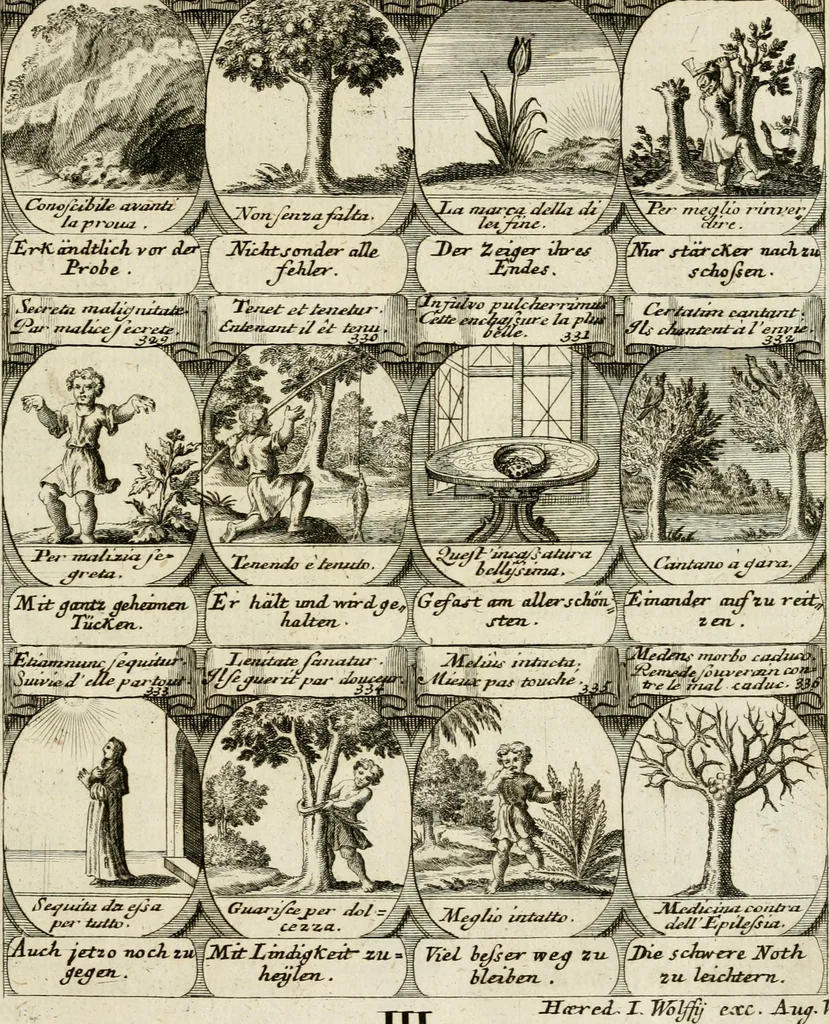 An illustration from M. Laurentii Wolfgangi Woyttens Emblematischer Parnassus : worauf die Musen, ihre Blumen-Lese, zu allerhand Freuden und Trauer-Kräntzen halten : um, den Lob-werthen Tugend-Chor, durch angenehme Rosen : hergegen, das ungezähmte Laster-Thun, mit wildem Dorn- und Distel-Flor, zu krönen : nach specialem Verlangen, in einem Gefilde, von funffzehen Hundert in dreyen verschiedlichen Theilen verfassten .., 1727, leaf 238