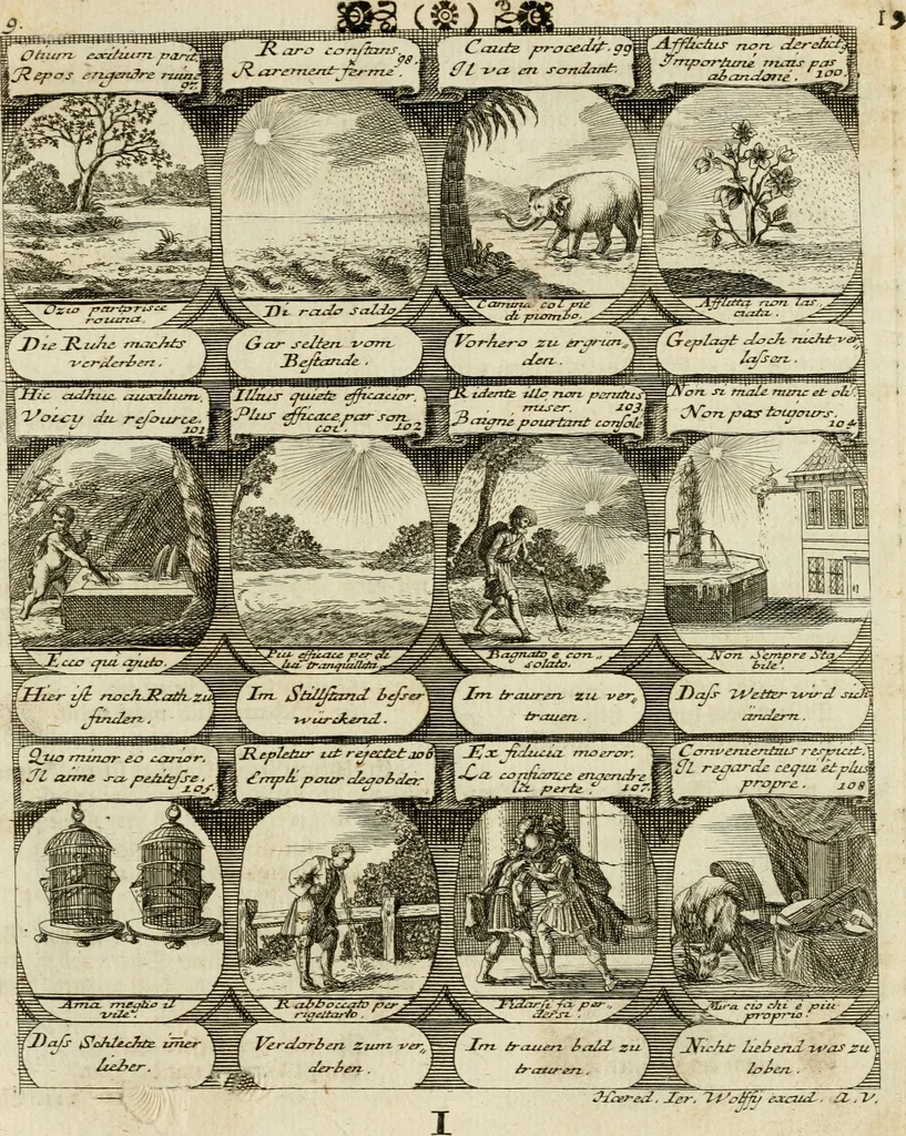 An illustration from M. Laurentii Wolfgangi Woyttens Emblematischer Parnassus : worauf die Musen, ihre Blumen-Lese, zu allerhand Freuden und Trauer-Kräntzen halten : um, den Lob-werthen Tugend-Chor, durch angenehme Rosen : hergegen, das ungezähmte Laster-Thun, mit wildem Dorn- und Distel-Flor, zu krönen : nach specialem Verlangen, in einem Gefilde, von funffzehen Hundert in dreyen verschiedlichen Theilen verfassten .., 1727, leaf 24
