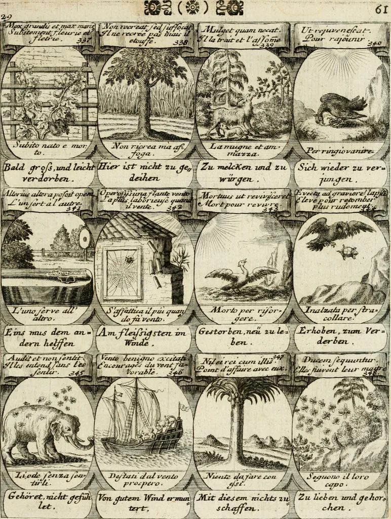 An illustration from M. Laurentii Wolfgangi Woyttens Emblematischer Parnassus : worauf die Musen, ihre Blumen-Lese, zu allerhand Freuden und Trauer-Kräntzen halten : um, den Lob-werthen Tugend-Chor, durch angenehme Rosen : hergegen, das ungezähmte Laster-Thun, mit wildem Dorn- und Distel-Flor, zu krönen : nach specialem Verlangen, in einem Gefilde, von funffzehen Hundert in dreyen verschiedlichen Theilen verfassten .., 1727, leaf 240