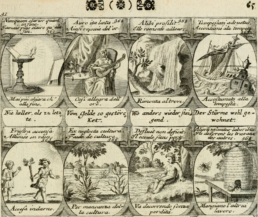 An illustration from M. Laurentii Wolfgangi Woyttens Emblematischer Parnassus : worauf die Musen, ihre Blumen-Lese, zu allerhand Freuden und Trauer-Kräntzen halten : um, den Lob-werthen Tugend-Chor, durch angenehme Rosen : hergegen, das ungezähmte Laster-Thun, mit wildem Dorn- und Distel-Flor, zu krönen : nach specialem Verlangen, in einem Gefilde, von funffzehen Hundert in dreyen verschiedlichen Theilen verfassten .., 1727, leaf 244