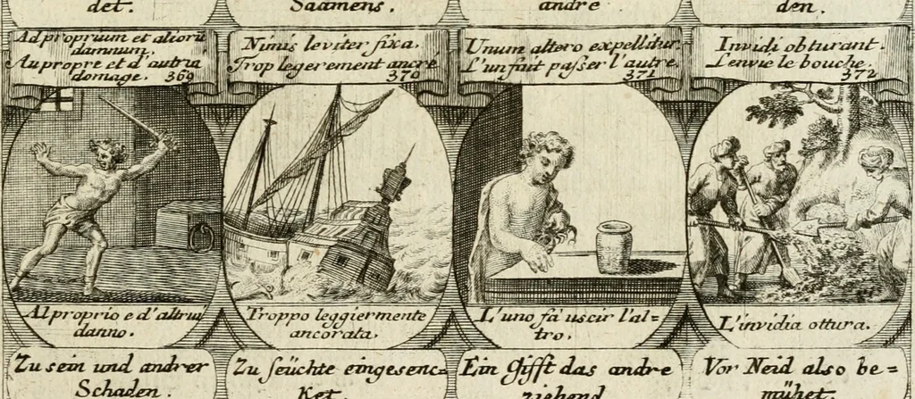 An illustration from M. Laurentii Wolfgangi Woyttens Emblematischer Parnassus : worauf die Musen, ihre Blumen-Lese, zu allerhand Freuden und Trauer-Kräntzen halten : um, den Lob-werthen Tugend-Chor, durch angenehme Rosen : hergegen, das ungezähmte Laster-Thun, mit wildem Dorn- und Distel-Flor, zu krönen : nach specialem Verlangen, in einem Gefilde, von funffzehen Hundert in dreyen verschiedlichen Theilen verfassten .., 1727, leaf 244