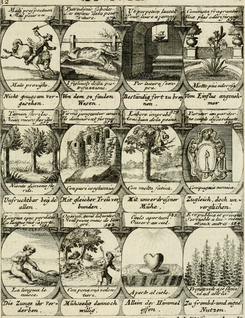 An illustration from M. Laurentii Wolfgangi Woyttens Emblematischer Parnassus : worauf die Musen, ihre Blumen-Lese, zu allerhand Freuden und Trauer-Kräntzen halten : um, den Lob-werthen Tugend-Chor, durch angenehme Rosen : hergegen, das ungezähmte Laster-Thun, mit wildem Dorn- und Distel-Flor, zu krönen : nach specialem Verlangen, in einem Gefilde, von funffzehen Hundert in dreyen verschiedlichen Theilen verfassten .., 1727, leaf 246