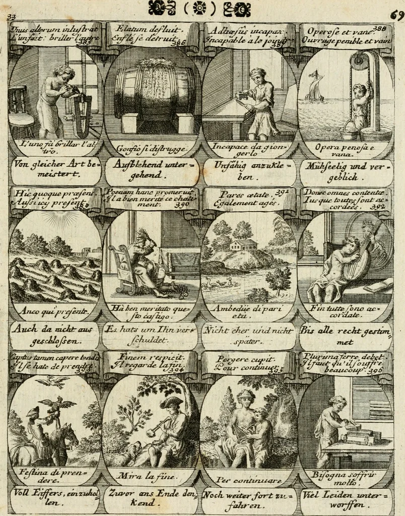 An illustration from M. Laurentii Wolfgangi Woyttens Emblematischer Parnassus : worauf die Musen, ihre Blumen-Lese, zu allerhand Freuden und Trauer-Kräntzen halten : um, den Lob-werthen Tugend-Chor, durch angenehme Rosen : hergegen, das ungezähmte Laster-Thun, mit wildem Dorn- und Distel-Flor, zu krönen : nach specialem Verlangen, in einem Gefilde, von funffzehen Hundert in dreyen verschiedlichen Theilen verfassten .., 1727, leaf 248