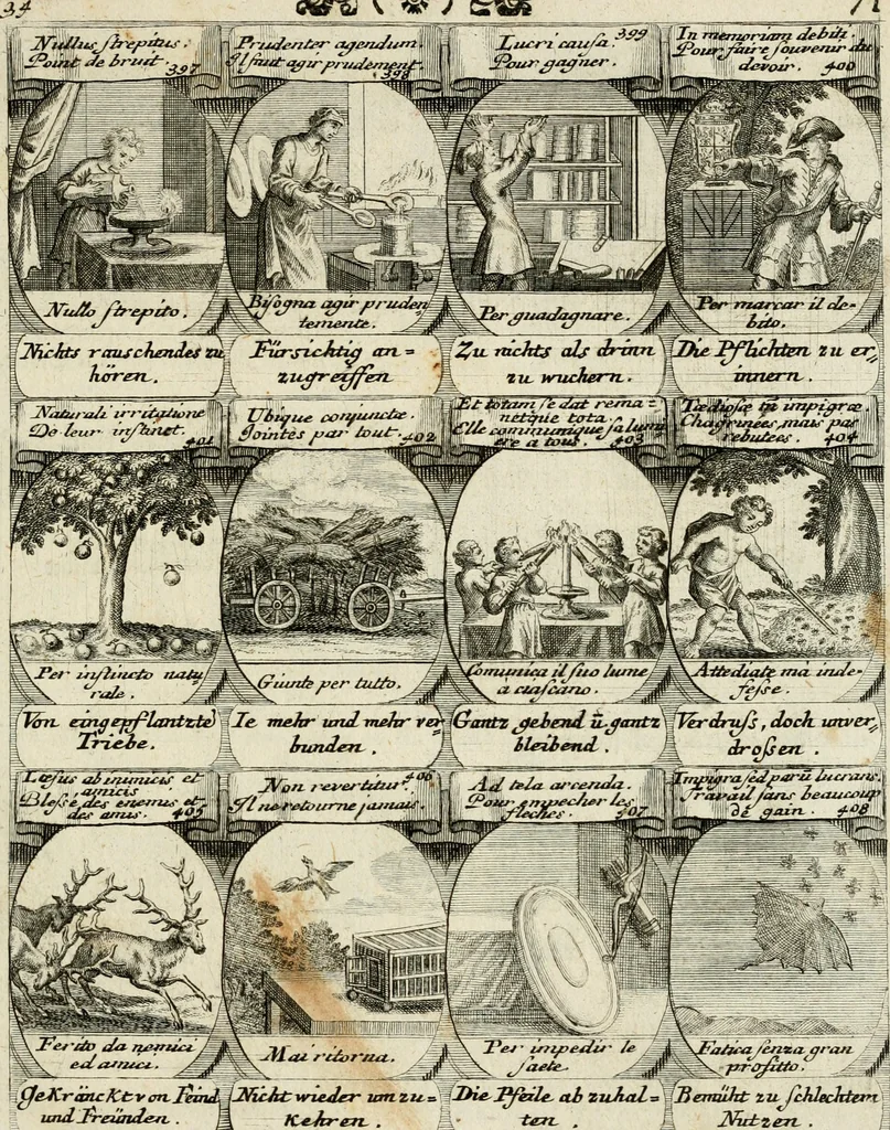 An illustration from M. Laurentii Wolfgangi Woyttens Emblematischer Parnassus : worauf die Musen, ihre Blumen-Lese, zu allerhand Freuden und Trauer-Kräntzen halten : um, den Lob-werthen Tugend-Chor, durch angenehme Rosen : hergegen, das ungezähmte Laster-Thun, mit wildem Dorn- und Distel-Flor, zu krönen : nach specialem Verlangen, in einem Gefilde, von funffzehen Hundert in dreyen verschiedlichen Theilen verfassten .., 1727, leaf 250