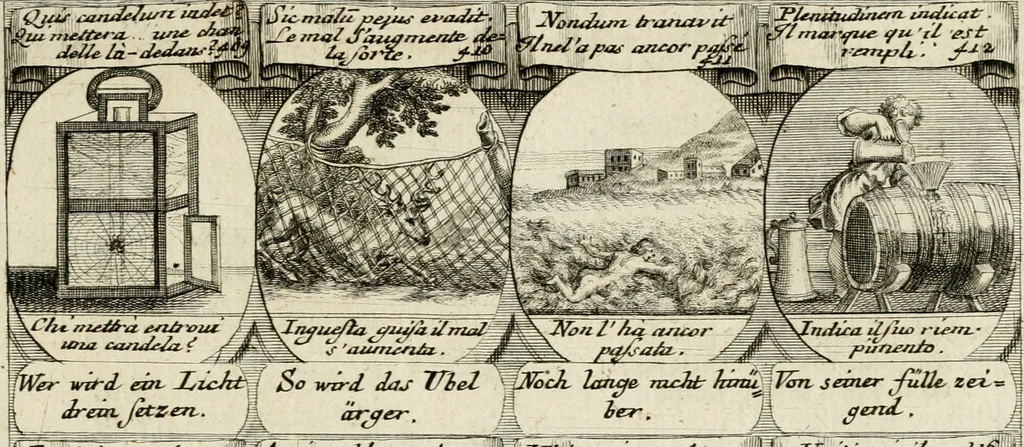 An illustration from M. Laurentii Wolfgangi Woyttens Emblematischer Parnassus : worauf die Musen, ihre Blumen-Lese, zu allerhand Freuden und Trauer-Kräntzen halten : um, den Lob-werthen Tugend-Chor, durch angenehme Rosen : hergegen, das ungezähmte Laster-Thun, mit wildem Dorn- und Distel-Flor, zu krönen : nach specialem Verlangen, in einem Gefilde, von funffzehen Hundert in dreyen verschiedlichen Theilen verfassten .., 1727, leaf 252