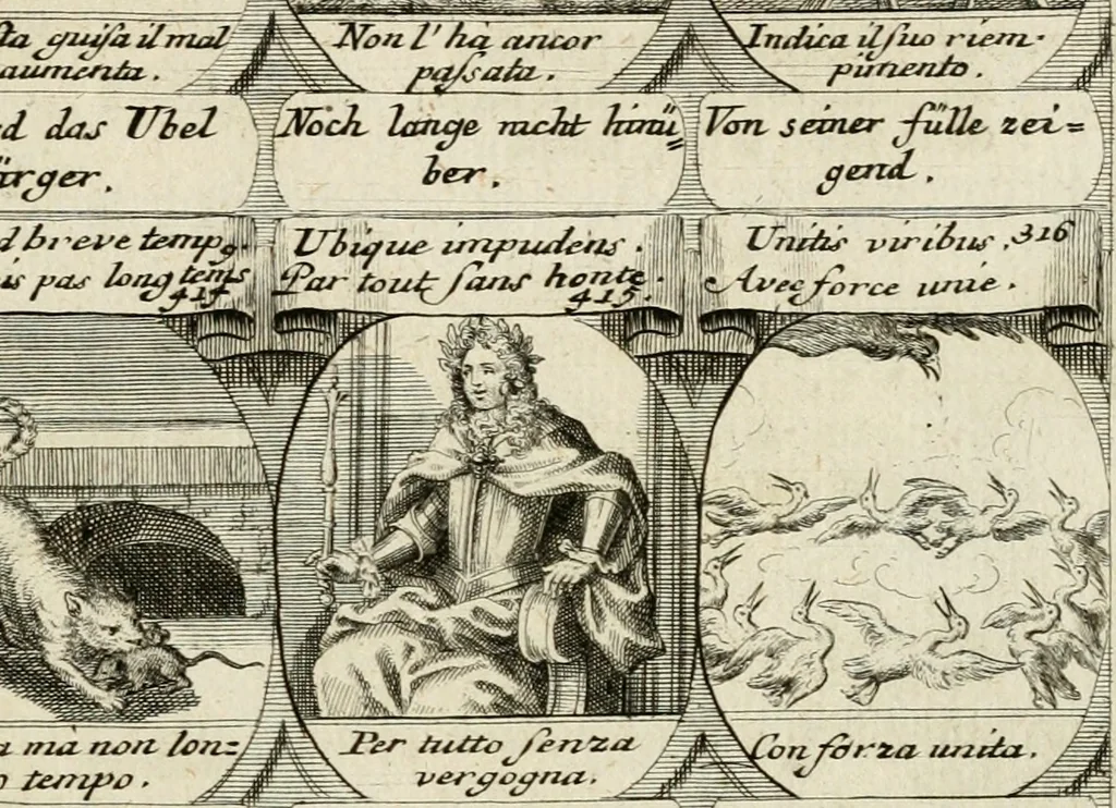 An illustration from M. Laurentii Wolfgangi Woyttens Emblematischer Parnassus : worauf die Musen, ihre Blumen-Lese, zu allerhand Freuden und Trauer-Kräntzen halten : um, den Lob-werthen Tugend-Chor, durch angenehme Rosen : hergegen, das ungezähmte Laster-Thun, mit wildem Dorn- und Distel-Flor, zu krönen : nach specialem Verlangen, in einem Gefilde, von funffzehen Hundert in dreyen verschiedlichen Theilen verfassten .., 1727, leaf 252