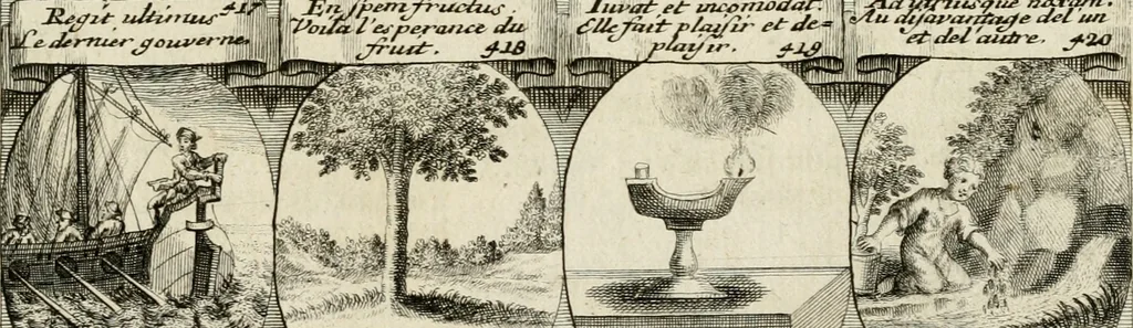 An illustration from M. Laurentii Wolfgangi Woyttens Emblematischer Parnassus : worauf die Musen, ihre Blumen-Lese, zu allerhand Freuden und Trauer-Kräntzen halten : um, den Lob-werthen Tugend-Chor, durch angenehme Rosen : hergegen, das ungezähmte Laster-Thun, mit wildem Dorn- und Distel-Flor, zu krönen : nach specialem Verlangen, in einem Gefilde, von funffzehen Hundert in dreyen verschiedlichen Theilen verfassten .., 1727, leaf 252